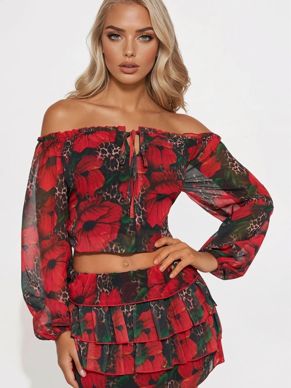 Off-Shoulder Red Floral Ruffled Mini Skirt - Picture 2 of 3